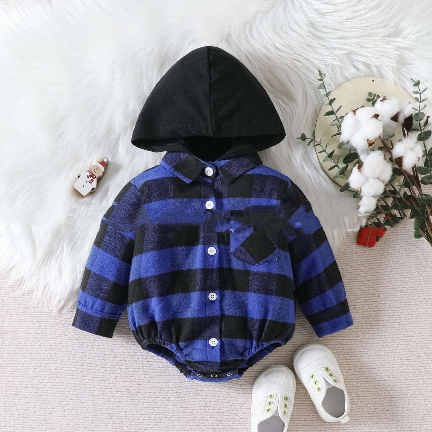 Baby Plaid Button Hooded JumpsuitStay cozy and festive this holiday season with our Baby Clothing Christmas Plaid Jumpsuit. Made with soft and breathable cotton fabric, our button-up onesie featuresBaby clothsPlush Fashions ShopPlush Fashion ShopBaby Plaid Button Hooded Jumpsuit