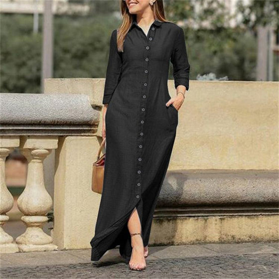 Shirt collar denim button maxi dress with button-down front and maxi length.