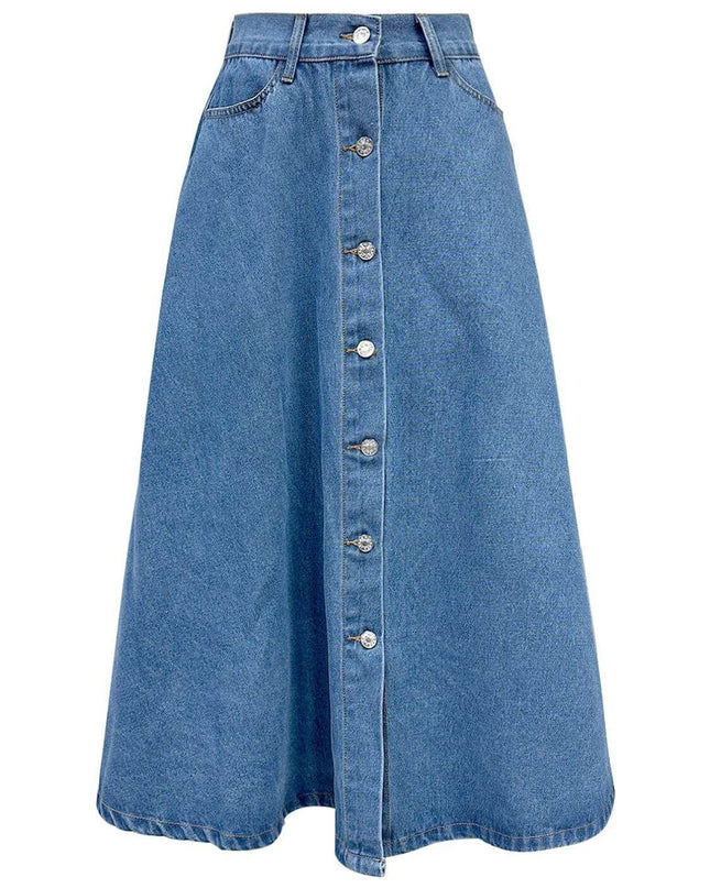 Buttoned Midi Denim Skirt with Pockets - Plush Fashion Shop #