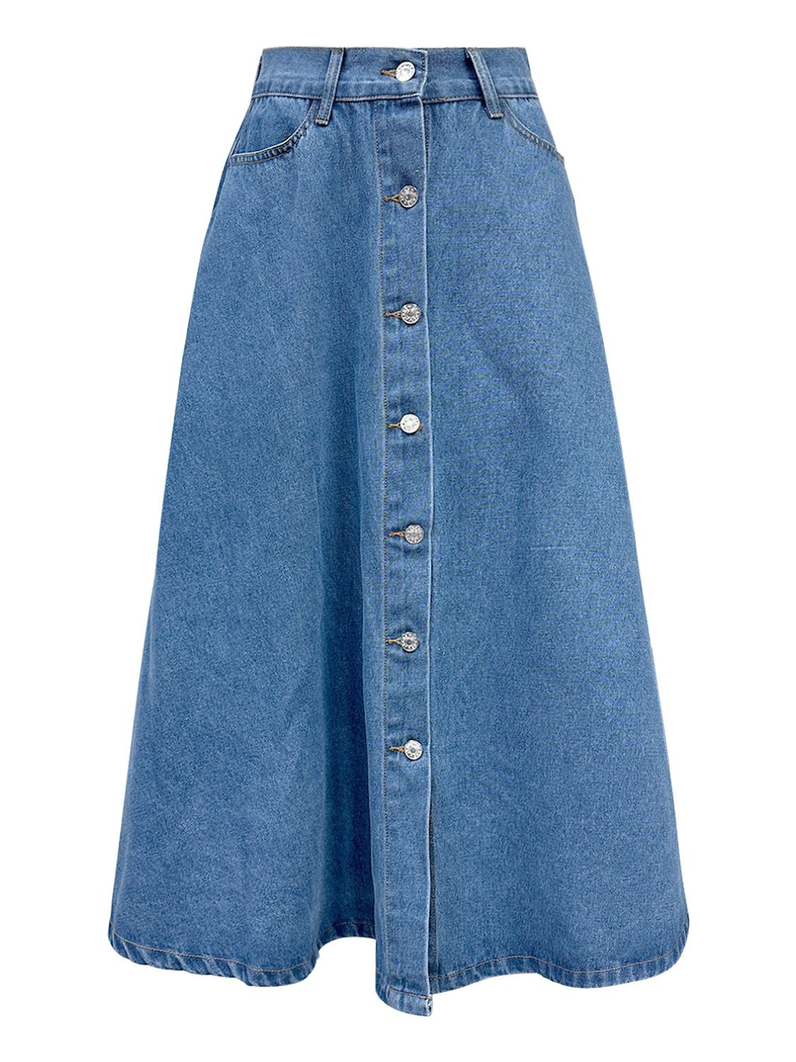 Buttoned Midi Denim Skirt with Pockets - Plush Fashion Shop #