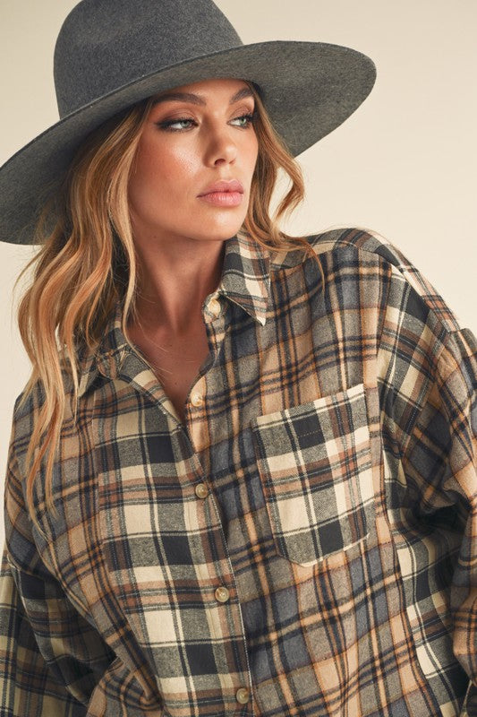 Women's  Frayed Hem Plaid Button Up Flannel Shirt