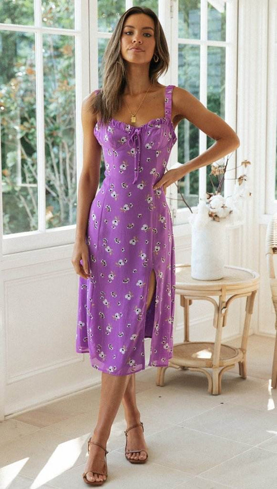 Slit Lace Maxi Casual Holiday Dress in purple with delicate lace detailing and elegant slit.