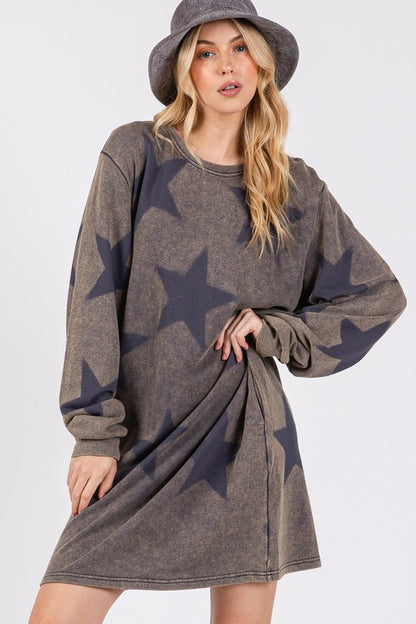 Women's Washed Star Print Round Neck Dress