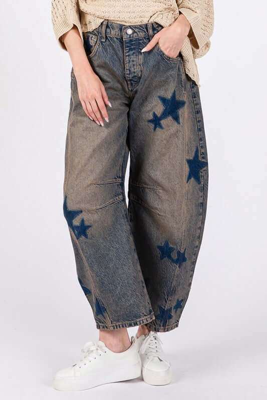 Women's Star Wide Leg Jeans with Pockets - Plush Fashion Shop #