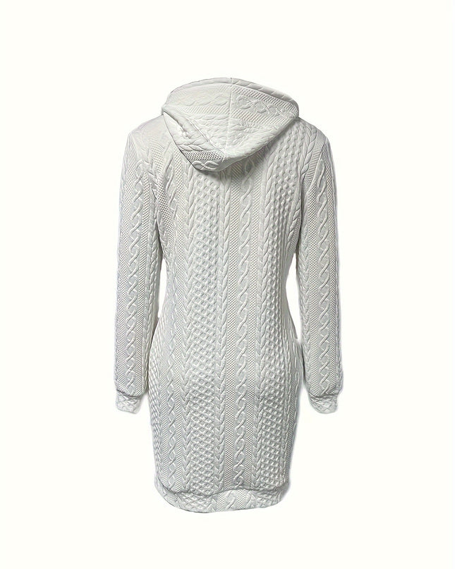 Elegant Cable-Knit Hooded Dress - Chic Long Sleeve, Knee-Length Sweater Dress for Winter - Plush Fashion Shop