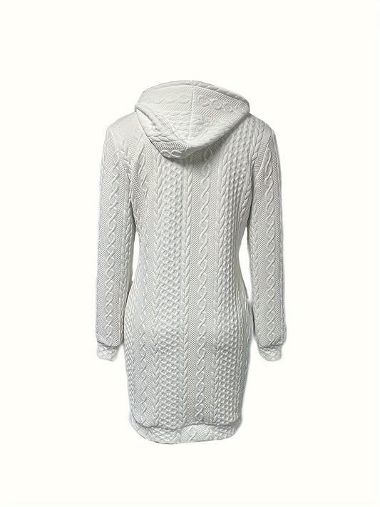 Elegant Cable-Knit Hooded Dress - Chic Long Sleeve, Knee-Length Sweater Dress for Winter - Plush Fashion Shop