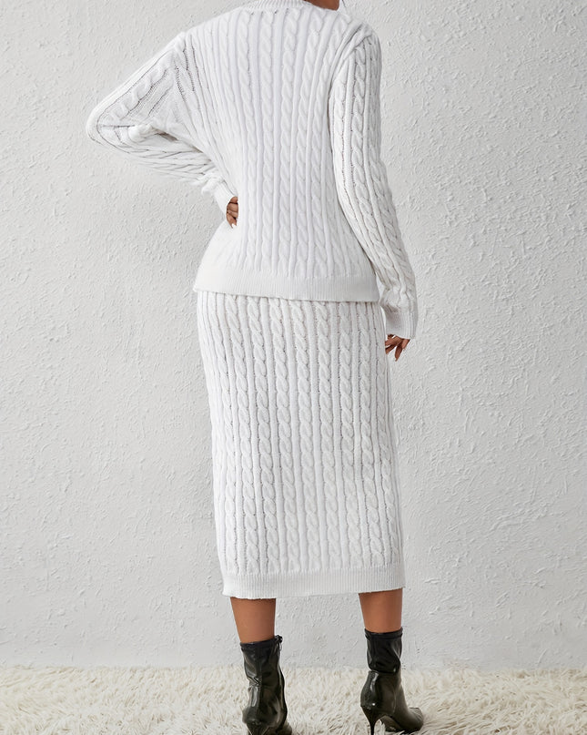 Cable Knit Solid Two-piece Set, Button Front Long Sleeve Tops & Crew Neck Sleeveless Dress Outfits, Women's Clothing - Plush Fashion Shop