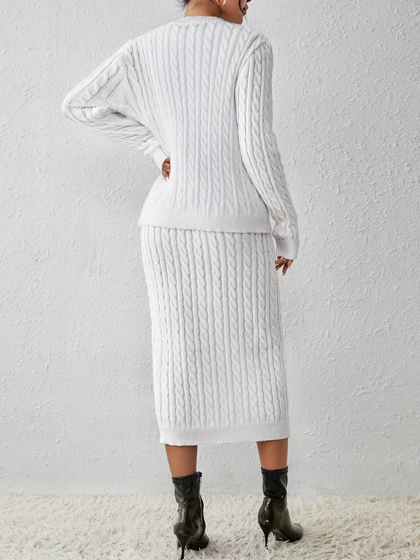 Cable Knit Solid Two-piece Set, Button Front Long Sleeve Tops & Crew Neck Sleeveless Dress Outfits, Women's Clothing - Plush Fashion Shop