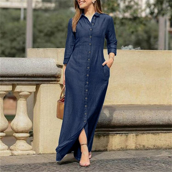 Shirt Collar Denim Button Maxi Dress with long sleeves and button-down front.