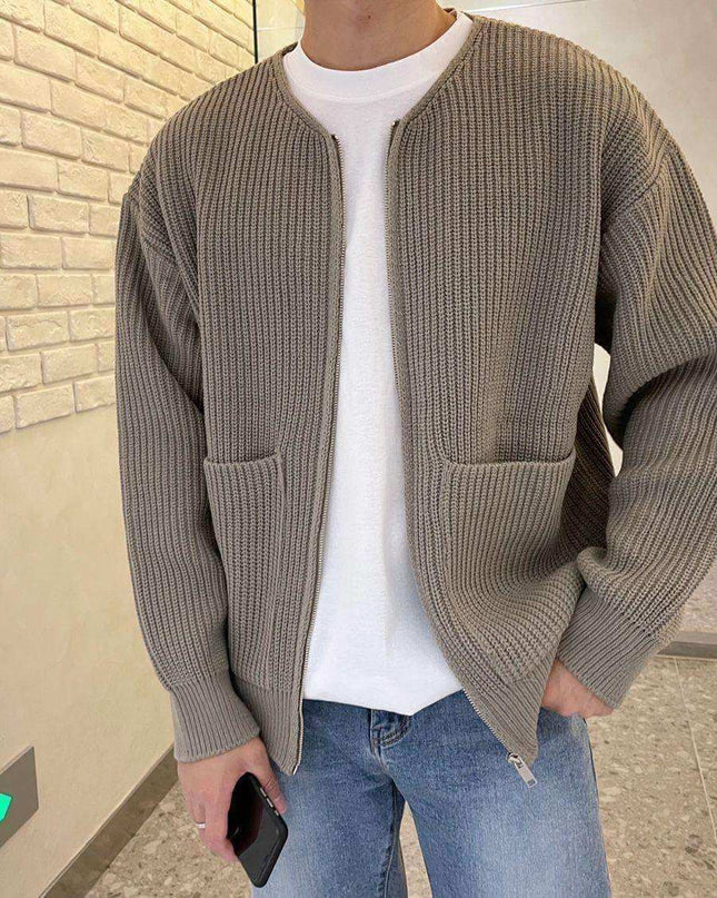 Men Zip Up Knitted Lined Funnel Neck Men's  Sweater - Plush Fashion Shop #