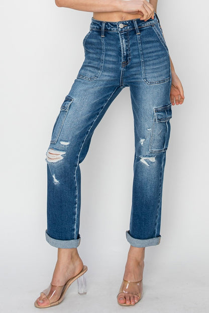 Women's Full Size High Rise Cargo Ankle Roll Up Straight Jeans