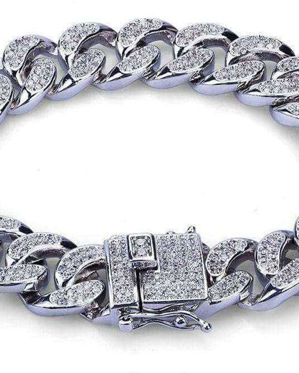 Men's Silver Cuban Link Bracelet with zircon detailing, stylish and elegant design.