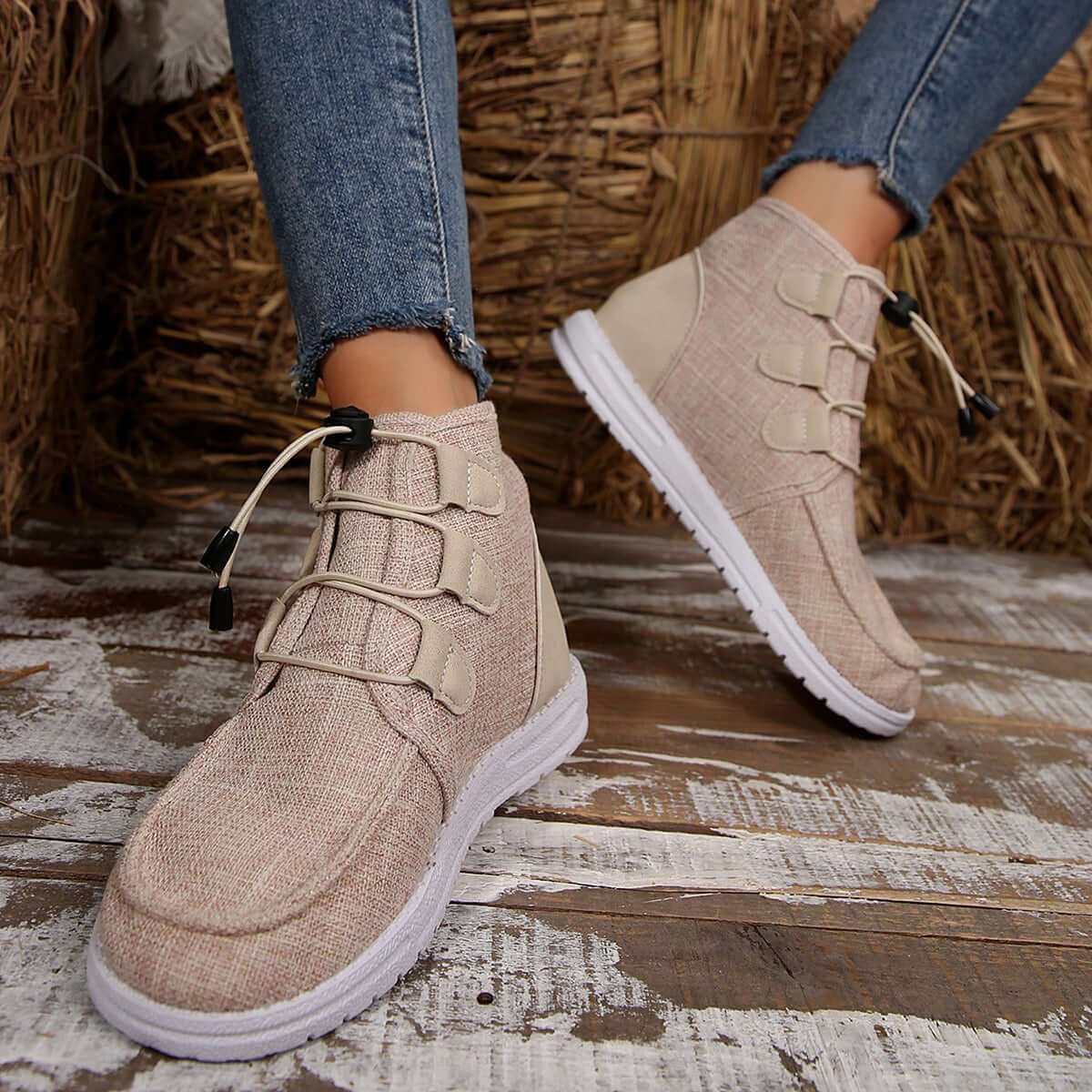 Round Toe Flat Sneakers with lace-up design and beige fabric, perfect for style and comfort.