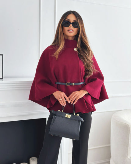 New Stand Collar Batwing Sleeves Cloak With Belt Temperament Woolen Outwear For Women - Plush Fashion Shop #