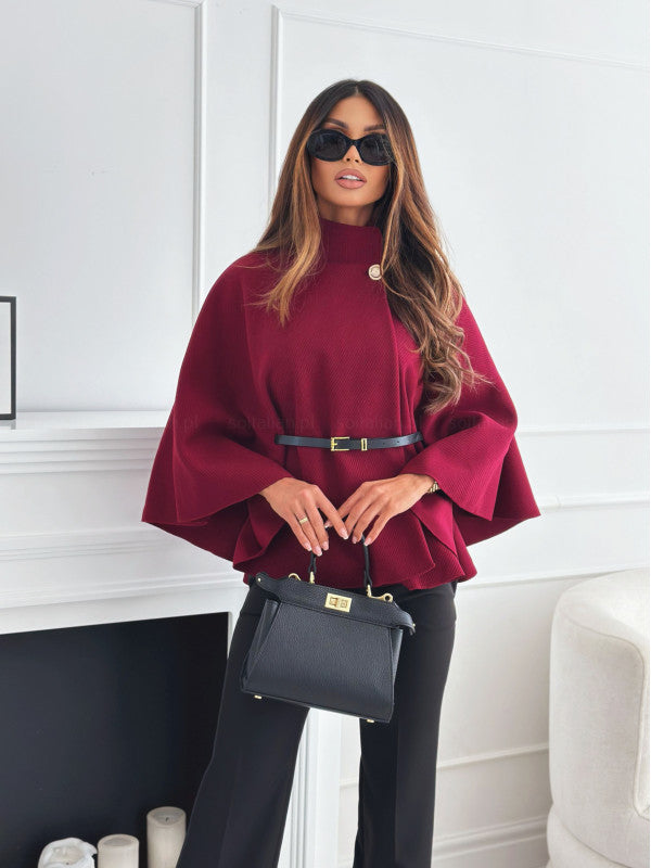 New Stand Collar Batwing Sleeves Cloak With Belt Temperament Woolen Outwear For Women - Plush Fashion Shop #