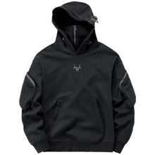  Men's black wind mask hoodie with multi-pocket details and loose fit for spring and autumn wear.