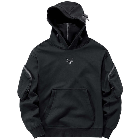 Men's black wind mask hoodie with multi-pocket details and loose fit for spring and autumn wear.