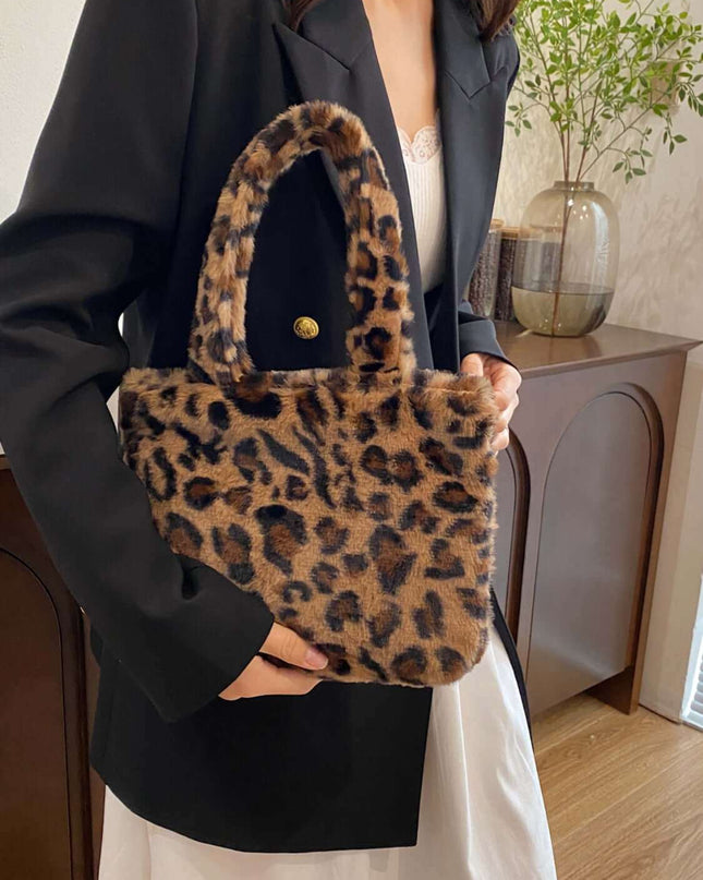 Leopard Fluff Handbag With Zip - Plush Fashion Shop #