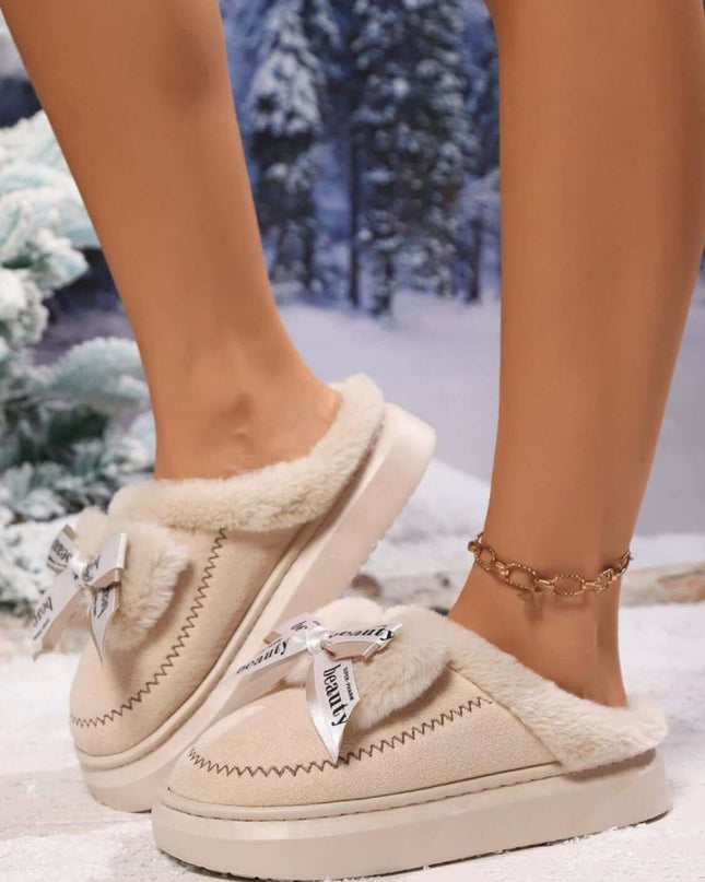 Bow Suede Platform Plush Slippers - Plush Fashion Shop #