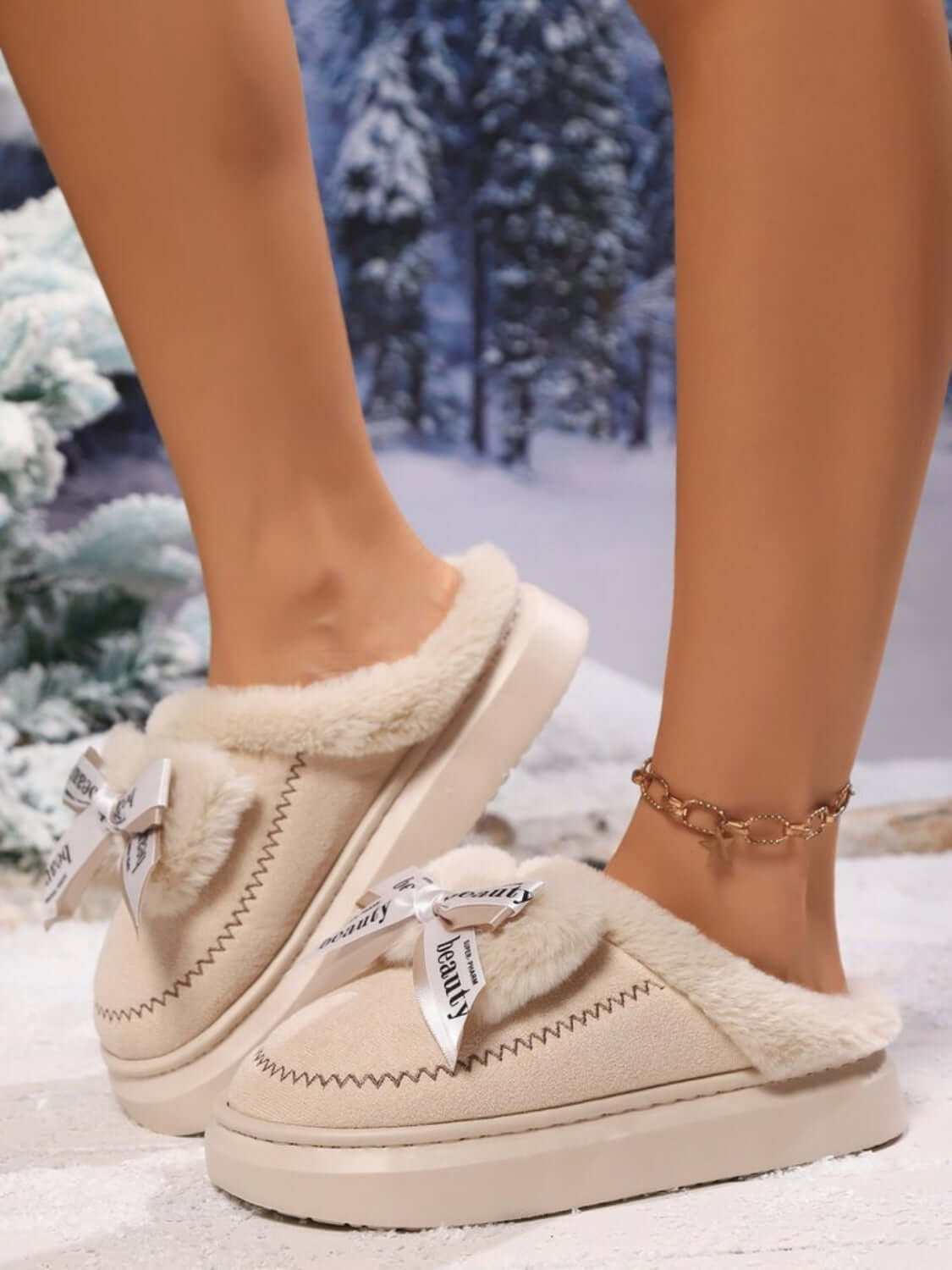 Bow Suede Platform Plush Slippers - Plush Fashion Shop #