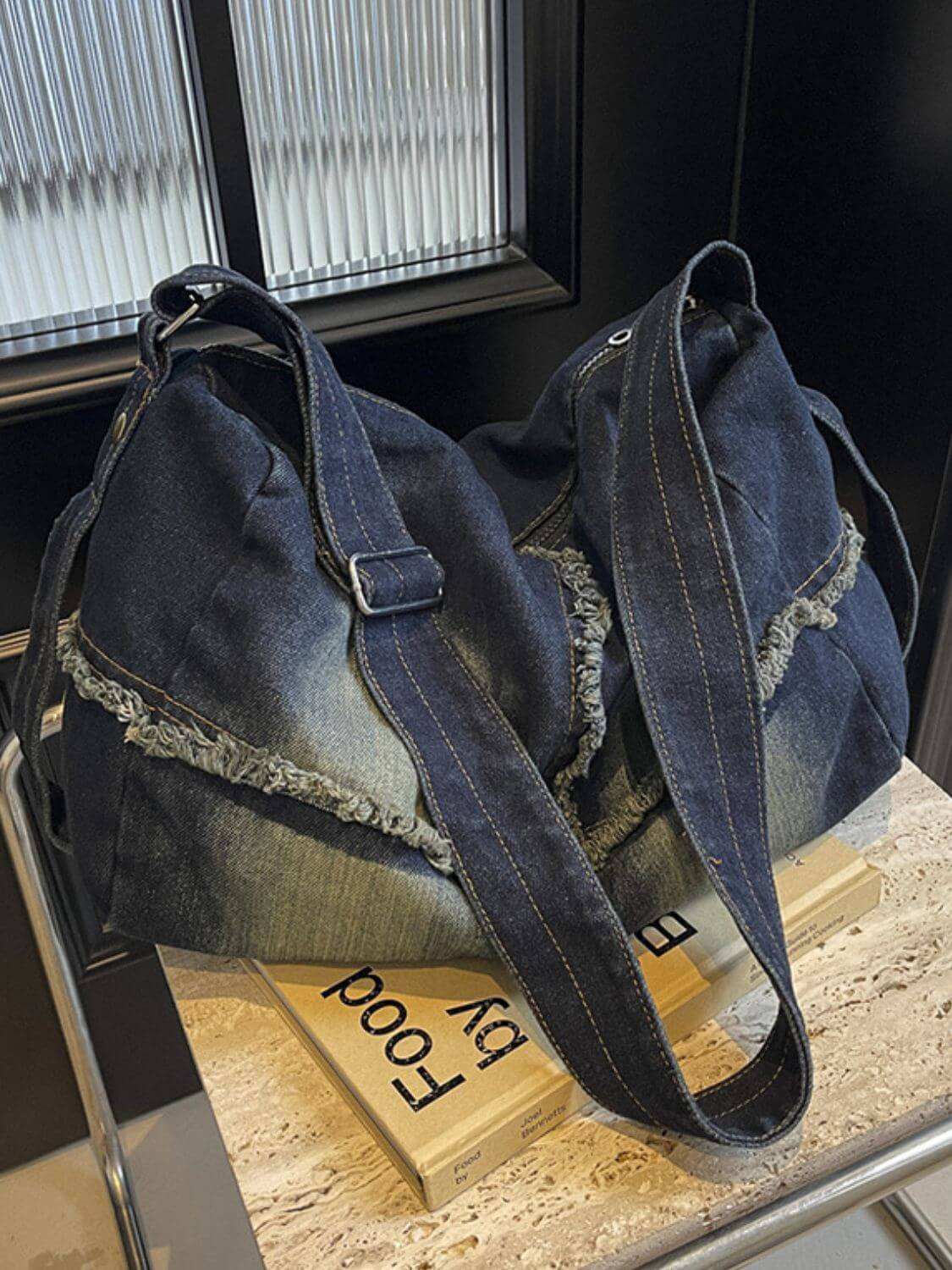 Raw Hem Gradient Crossbody Bag for women in denim with spacious interior.