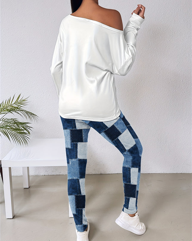 Women's 2 Piece Nope Not Today Print Skew Neck Long Sleeve Pullover Top with Stretchy Waist Long Pants Outfit - Plush Fashion Shop