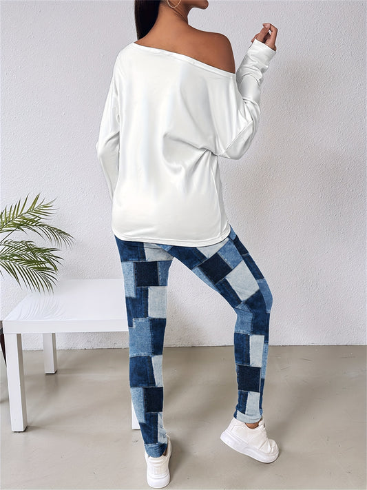 Women's 2 Piece Nope Not Today Print Skew Neck Long Sleeve Pullover Top with Stretchy Waist Long Pants Outfit - Plush Fashion Shop