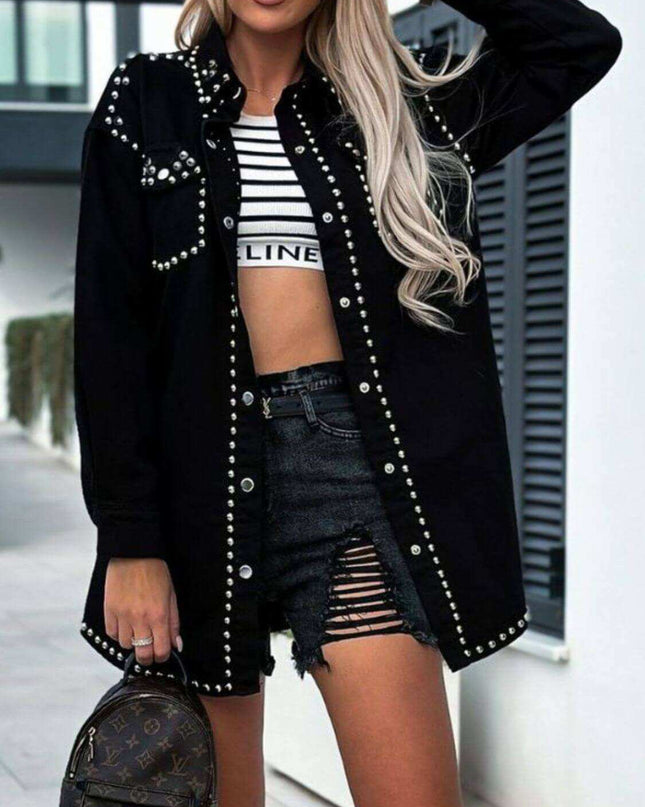 Studded Snap Down Long Sleeve Denim Shacket - Plush Fashion Shop #