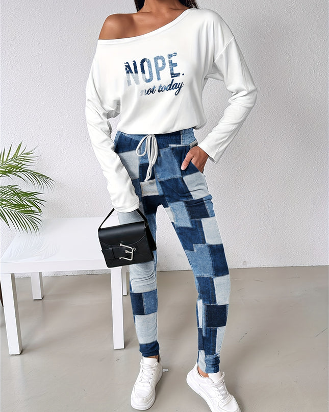 Women's 2 Piece Nope Not Today Print Skew Neck Long Sleeve Pullover Top with Stretchy Waist Long Pants Outfit - Plush Fashion Shop