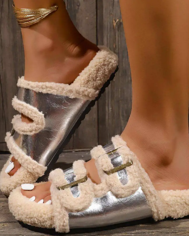 Fluffy Open Toe Slippers - Silver / 35(US4) - Shoes