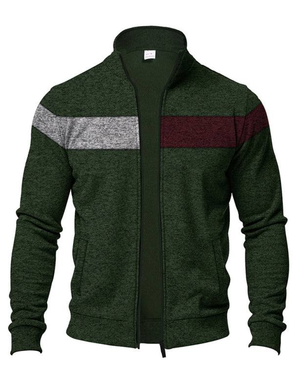 Men's Heavy Velvet Stand Collar Zipper Jacket Cationic Stitching Contrast Color Casual Long Sleeve Sweatshirt - Plush Fashion Shop #