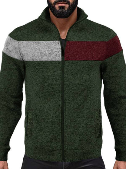 Men's Heavy Velvet Stand Collar Zipper Jacket Cationic Stitching Contrast Color Casual Long Sleeve Sweatshirt - Plush Fashion Shop #