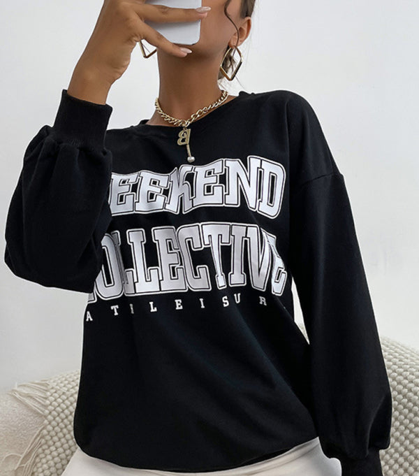 Women casual letter print hoodie sweatshirt in black with long sleeves.