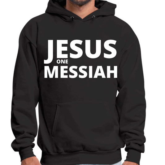 Mens graphic hoodie Jesus one Messiah design, black color, unisex fit.