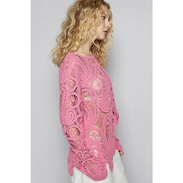 Pink Crochet Ladies Asymmetrical Hem Round Neck Knit Sweater with lacy long sleeves