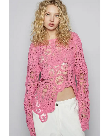 Pink Crochet Ladies Asymmetrical Hem Round Neck Knit Sweater with a stylish design