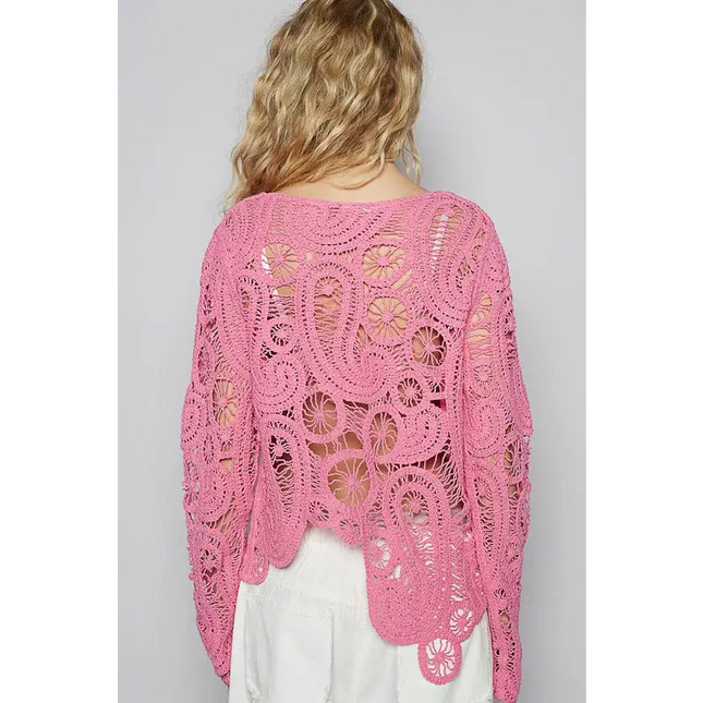 Pink Crochet Ladies Asymmetrical Hem Round Neck Knit Sweater displaying stylish crochet design