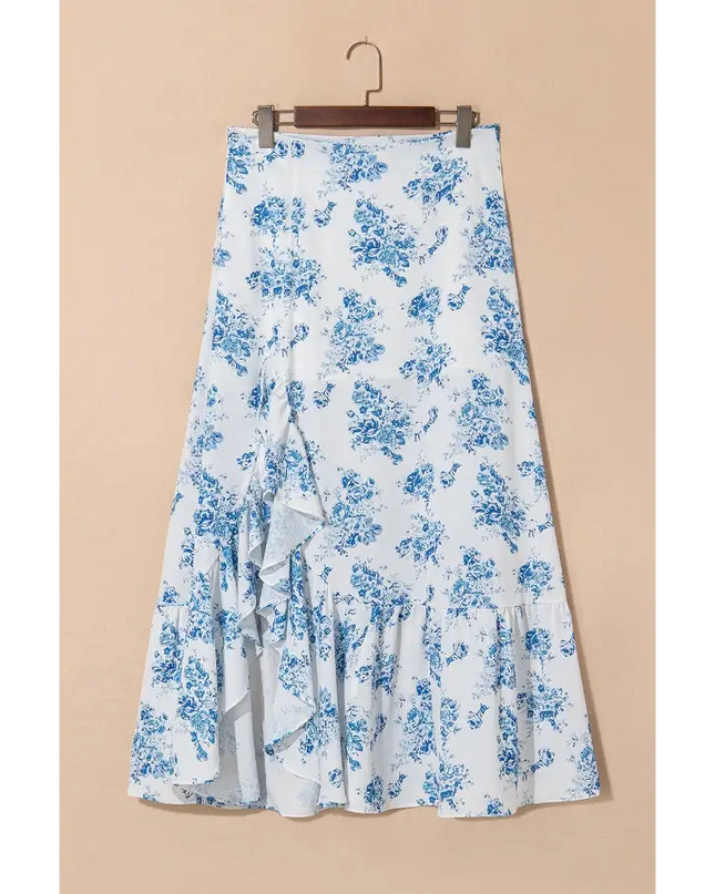 White floral ruffle skirt from the Split Asymmetrical Ruffled Printed Skirt collection