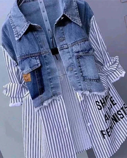 New Design Sense Stitching Women Fashion Striped Denim Jacket - Plush Fashion Shop #