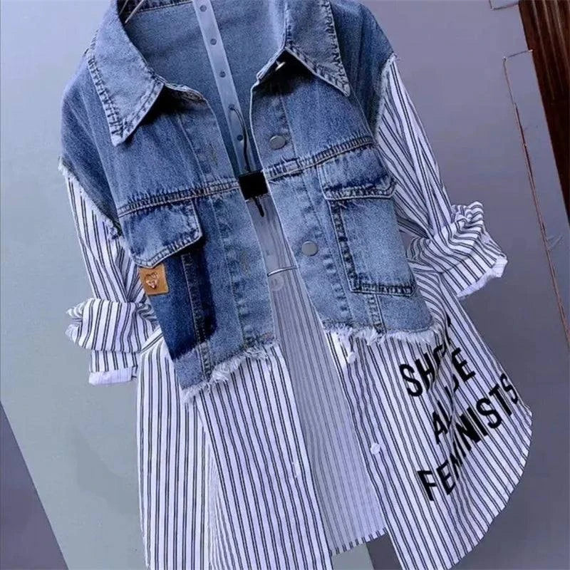 New Design Sense Stitching Women Fashion Striped Denim Jacket - Plush Fashion Shop #