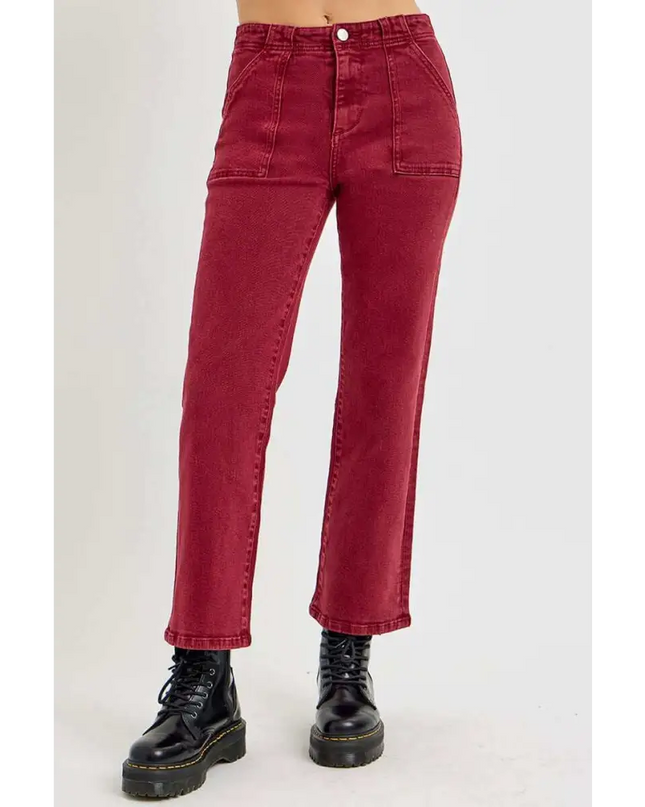 Women’s High Rise Straight Jeans with Patch Pockets - Wine / 0(24) - Pants